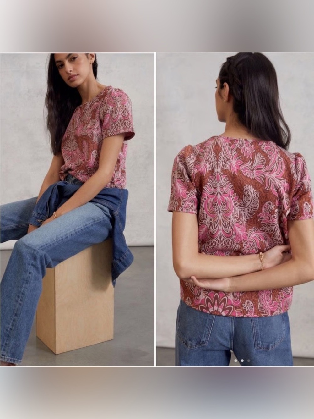 Anthropologie Demeter Paisley Knit Tee in Red Pink size small